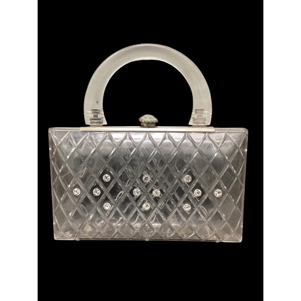 Beautiful Rare VTG 1950’ Clear Lucite Handbag Diamond Carved Inset Rhinestones